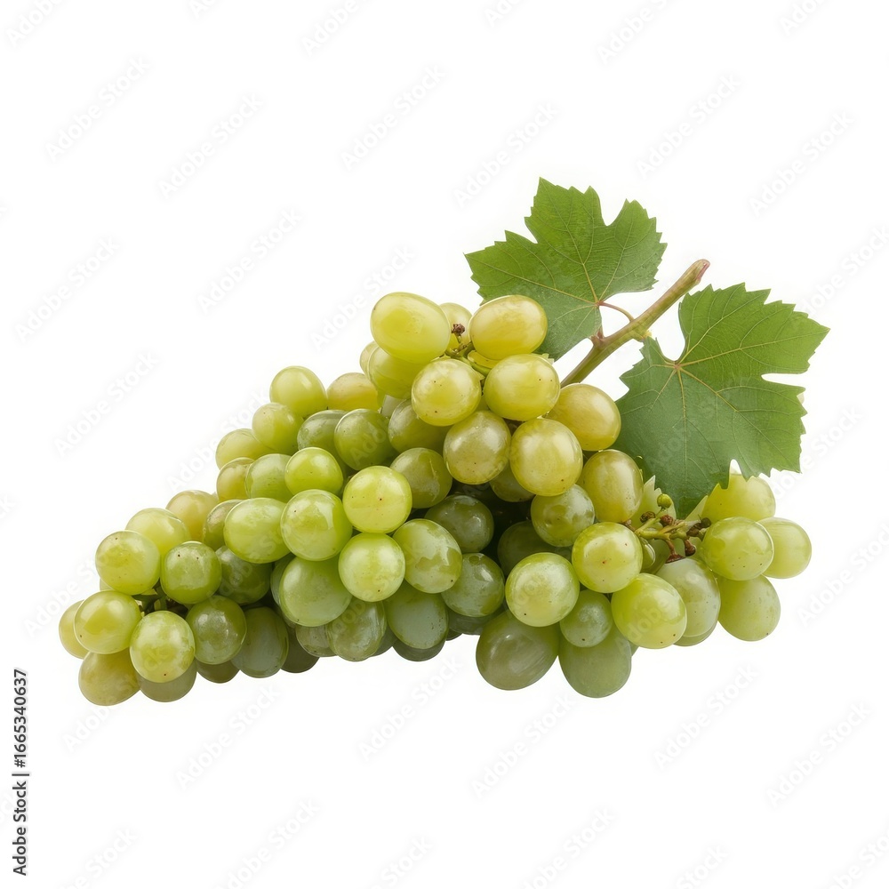 Obraz premium Fresh green grapes with leaves fruit bunch