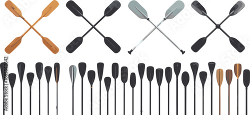 Collection of canoe, kayak, and boat paddles in wooden, plastic, and metal designs for rowing, water sports, adventure, and outdoor activities