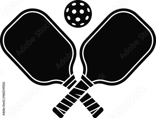 Pickleball paddles and ball silhouette icon for sports, recreation, leisure activity, fitness training, competitive games, athletic equipment, and outdoor exercise