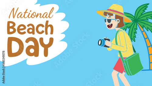 Happy person with camera at beach national