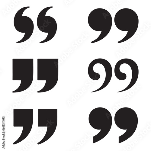Six black quotation mark symbols in three different styles on white quotation marks quote symbols