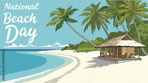 Tropical beach hut palm trees ocean vector