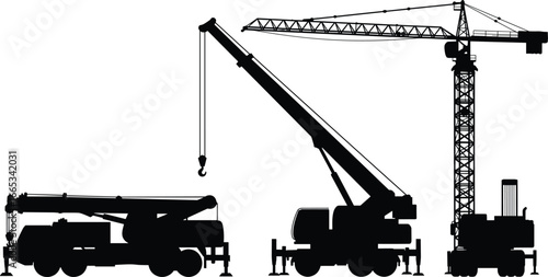 Silhouettes of construction cranes including mobile crane, tower crane, and truck crane for building, heavy lifting, construction, and industrial projects