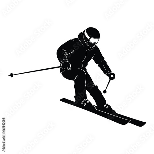 Silhouette of a skier in action downhill on a snowy slope with ski poles silhouette