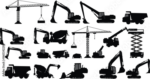 Silhouettes of construction vehicles and heavy equipment including cranes, excavators, dump trucks, bulldozers and concrete mixers for building projects
