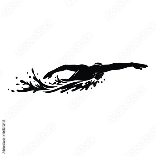 Dynamic silhouette of a swimmer executing freestyle stroke with water splashes silhouette