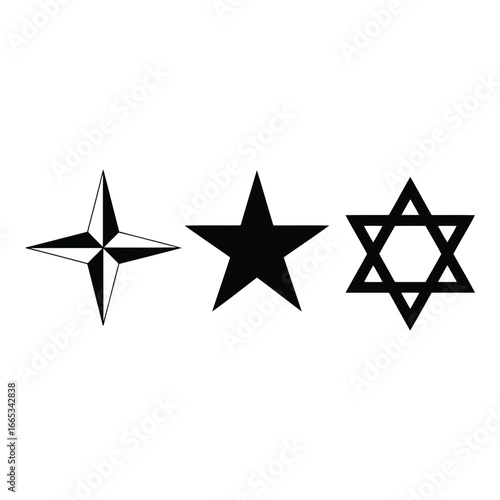 Three distinct star shapes a nautical compass rose a classic star and the star of david isolated on a silhouette