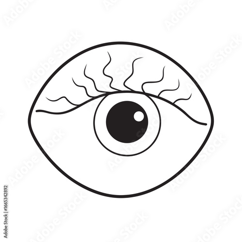 A spooky and unsettling black and white illustration of a red-eyed, tired human eye with bloodshot veins visible on the white part of the eyeball for Halloween