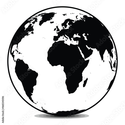 Stylized black and white globe showing continents europe africa asia americas with landmasses clearly defined silhouette