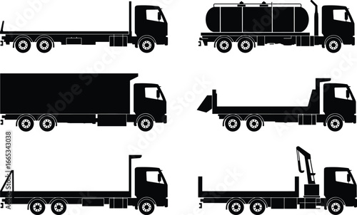 Truck silhouette vector set with flatbed, tanker, cargo box, dump, trailer and crane vehicles for logistics and construction design