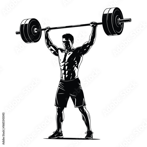 Muscular athlete demonstrates strength and power lifting a heavy barbell overhead in dynamic action silhouette