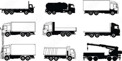 Heavy truck vector set with cargo lorry, tanker, dump truck, crane vehicle and flatbed silhouette icons for transport and construction illustration