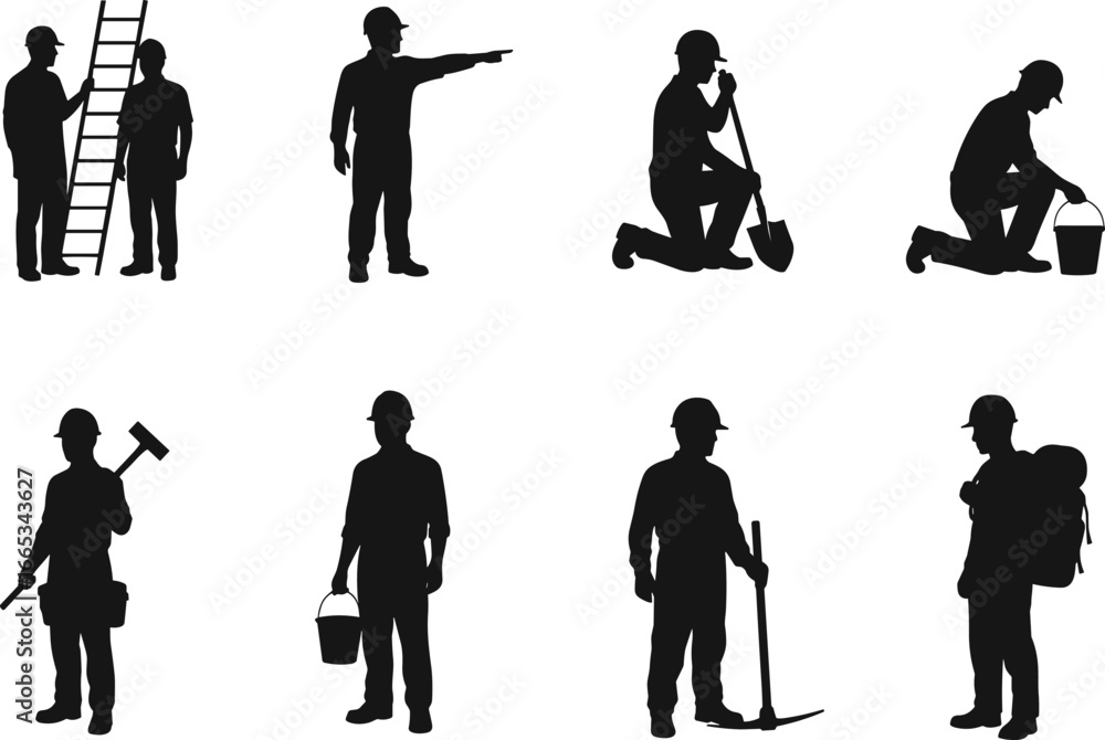 Obraz premium Construction worker silhouettes collection, labor icons set, builder with tools, shovel, ladder, bucket, hammer, teamwork illustration, industrial laborers, repair and building work vector
