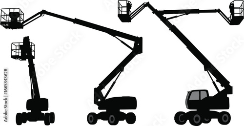 Boom lift silhouettes set, aerial work platform icons, cherry picker illustration, construction lift equipment vector, industrial machine for height access, black silhouette collection