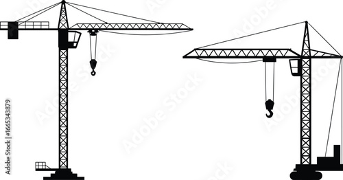 Tower crane silhouettes for construction sites, heavy lifting machinery icons, industrial building equipment illustrations, and engineering vector graphics set
