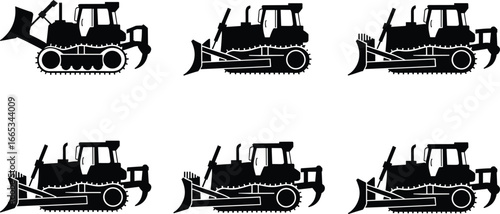 Set of bulldozer silhouettes in different positions and styles, heavy construction machinery icons for building industry and engineering projects