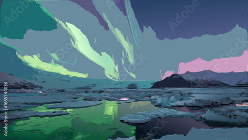 A vibrant, hyper-realistic arctic landscape with neon auroras in emerald and fuchsia dancing over jagged icebergs