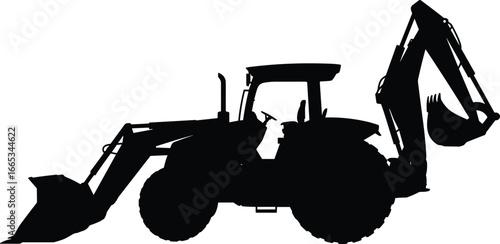 Backhoe loader silhouette with front bucket and rear excavator arm, heavy equipment for construction, digging, excavation, roadwork, and engineering projects