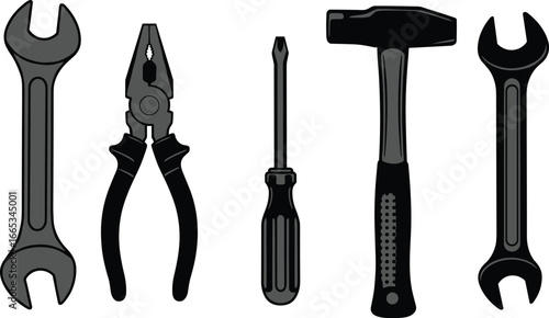 Silhouette set of hand tools including wrench, pliers, screwdriver, and hammer for workshop, repair, carpentry, mechanics, and construction design