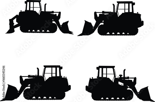 Bulldozer silhouette set, construction heavy machinery illustration, industrial crawler tractor vehicle icons for construction site, earthmoving equipment design