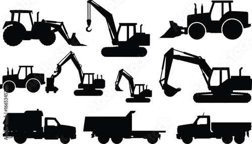 Construction vehicles silhouettes set, industrial heavy machinery illustration with tractors, excavators, loaders, dump trucks, and utility trucks for building projects