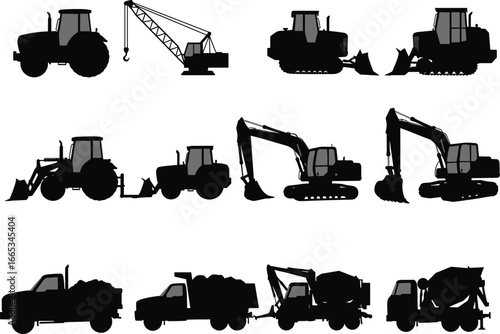 Silhouette construction vehicles set, excavator, tractor, bulldozer, crane, cement mixer, dump truck, heavy machinery icons, industrial equipment for construction site illustration