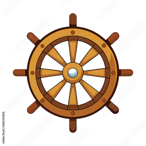 Classic wooden ship s helm with spokes and a central metal hub isolated on a white background representing nautical control and direction