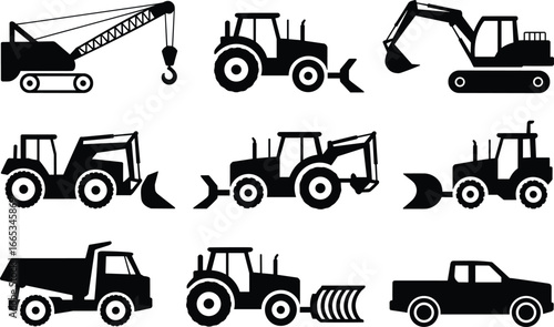 Silhouette of construction vehicles including crane, excavator, tractor, bulldozer, backhoe, dump truck, snow plow, heavy machinery, industrial equipment, construction site vehicles