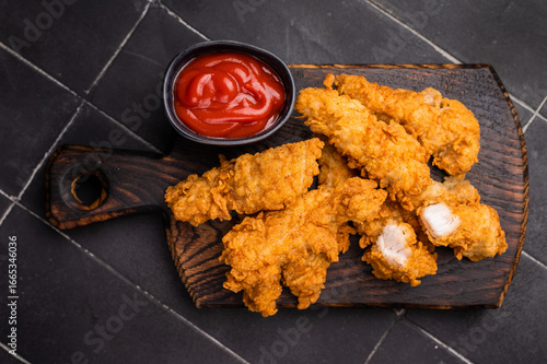 Bild auf Leinwand Fried chicken tenders or strips with hot sauce
