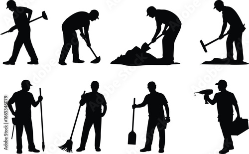 Silhouette of construction workers using shovel, hammer, broom, drill, heavy labor, industrial job, engineering equipment, repair maintenance, tradesman silhouette, professional building site workers