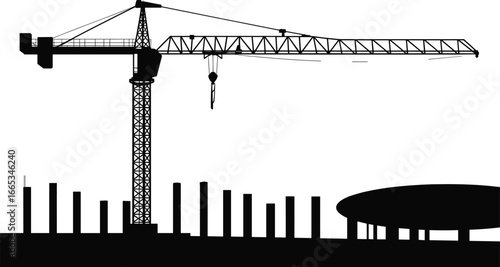 Construction crane silhouette, heavy equipment at building site, tower crane lifting materials, industrial skyline, urban development, modern architecture, construction industry, engineering