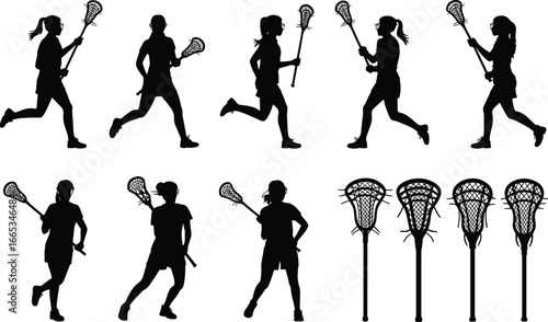 Silhouettes of lacrosse players, women athletes running and playing with sticks, girls sports shadow design, female team game vector set