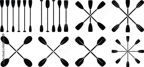 Kayak paddles silhouette bundle, canoe oars vector set, crossed paddles design, kayaking paddle circle shapes, adventure water sports graphic, outdoor canoe kayak paddle art