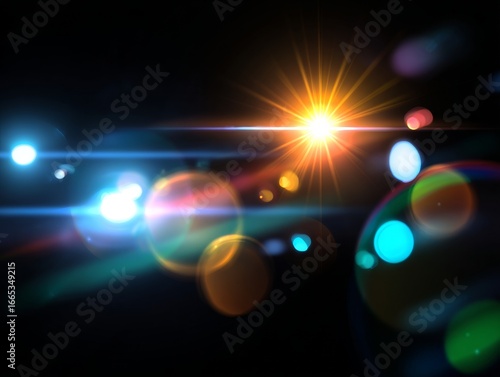 Bright star shining through colorful bokeh and lens flare on dark background
