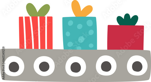 Vector conveyor belt with gift boxes. Santa Claus toy factory element with colored presents isolated on white background. Cute Christmas or New Year plant illustration for kids