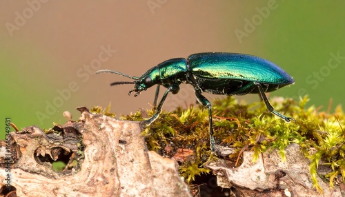 Close-up of a metallic green beetle on bark