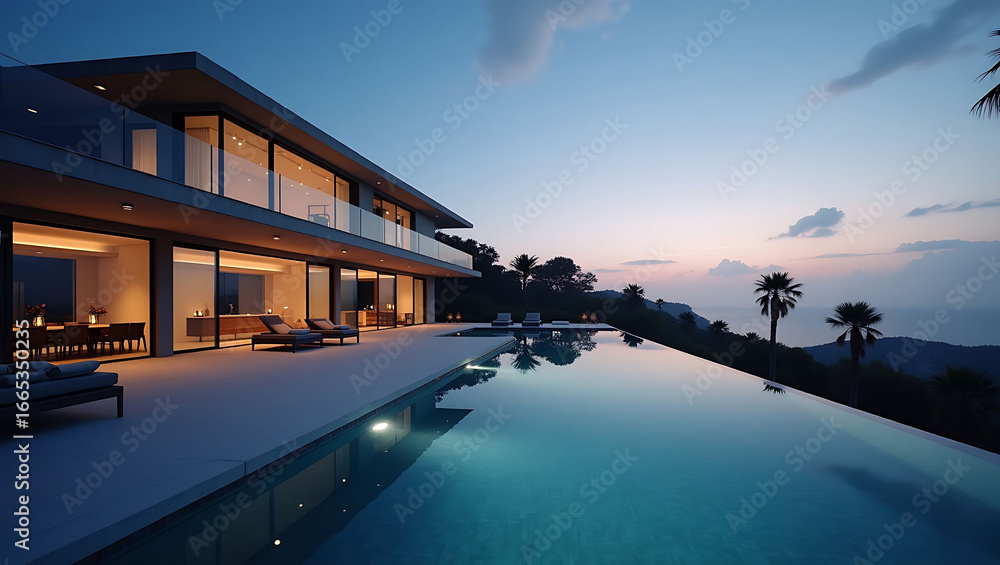 Fototapeta premium Luxurious Modern Villa by the Pool at Twilight