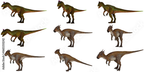 Colorful 3D dinosaur models with varying poses.