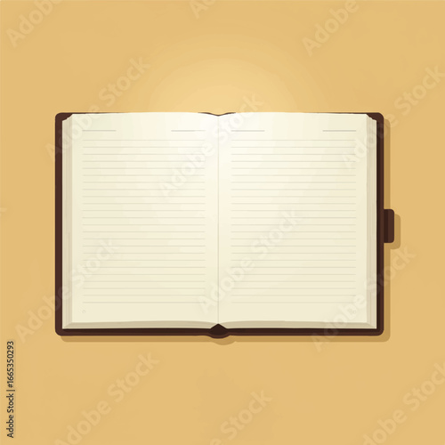 A pristine open notebook with blank pages is depicted in a clean, minimalist 2D flat illustration, ready for writing or drawing.