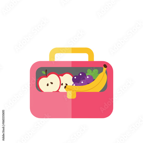 A vibrant flat vector illustration showcases a clean lunchbox neatly packed with a variety of fresh, colorful fruits, representing healthy eating and balanced nutrition.