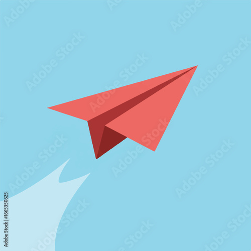 Flat vector illustration of a white paper plane gracefully soaring through a bright, open blue sky, symbolizing freedom, journey, and aspiration.