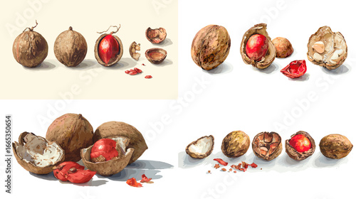 Realistic nutmeg fruit illustration showing seeds, shells, and mace. Detailed botanical drawing perfect for food, spice, herbal medicine, and educational design.