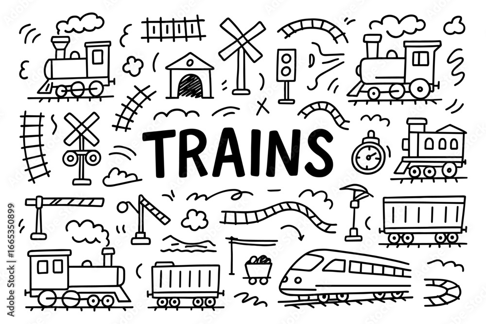 Fototapeta premium Hand drawn train doodles with locomotives, tracks, and signals in black and white