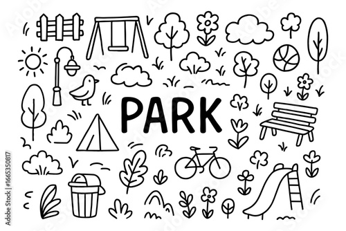 Playful doodle park elements: swings, trees, and outdoor fun in simple black and white style