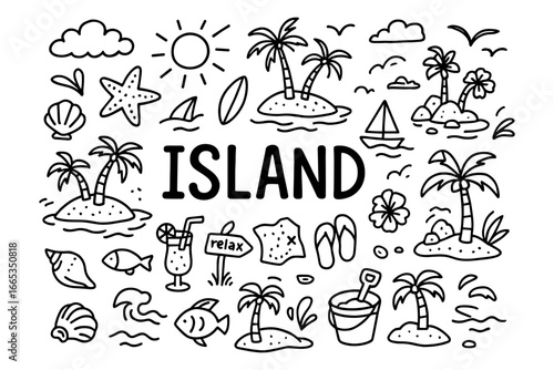 Tropical paradise doodles with palm trees and sea elements in black and white