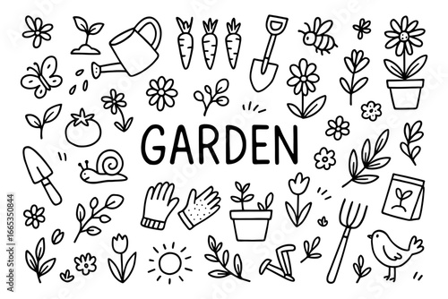Black and white gardening doodle set with tools, plants, and animals in simple outline style