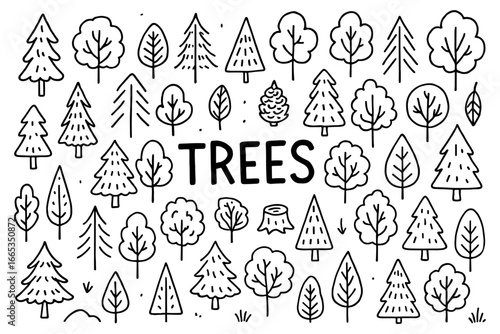 Hand drawn collection of tree doodles in monochrome for nature designs
