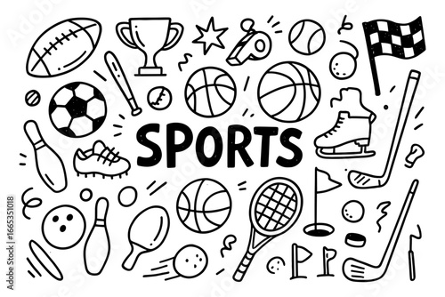 Doodle collection of popular sports equipment and activities icons