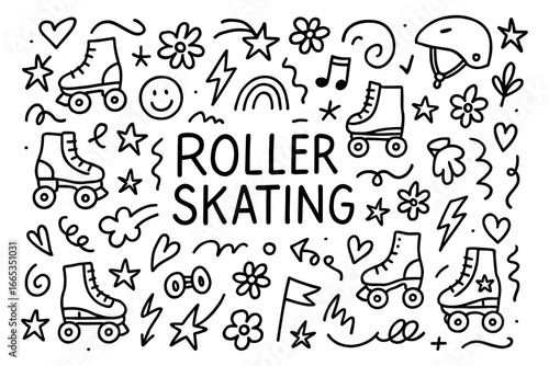 Playful roller skating doodle pattern with retro and fun elements