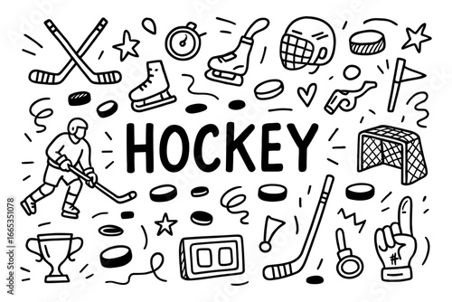 Hand drawn doodle style hockey elements with player and equipment